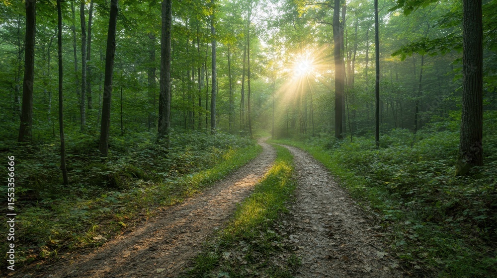 Poster this enchanting image captures sunlight streaming through a lush forest, illuminating a winding path