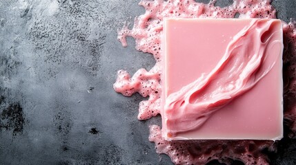 An abstract image showcasing a square pink soap bar with a creamy texture on a contrasting textured background, symbolizing luxury and indulgence in self-care.