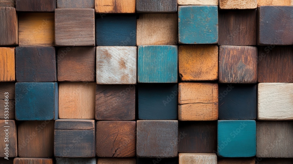 Poster a vibrant and intricately arranged display of colorful wooden blocks showcases a playful yet artisti