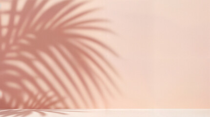Blurred shadow from palm leaves on the light pink wall. Minimal abstract background for product presentation. Spring and summer.