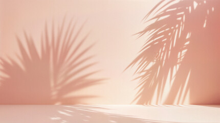 Blurred shadow from palm leaves on the light pink wall. Minimal abstract background for product presentation. Spring and summer.