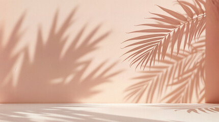 Blurred shadow from palm leaves on the light pink wall. Minimal abstract background for product presentation. Spring and summer.