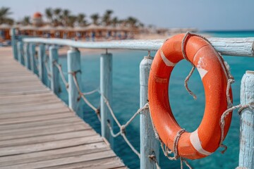 Orange life preserver hung on a pier railing with palm trees and ocean in the background