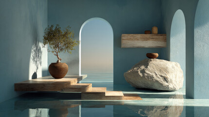 Serene, minimalist interior with stone steps, potted tree, and large rock, all set against tranquil water backdrop