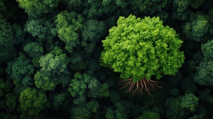 This image showcases a vibrant, large green tree standing out amidst a dense forest, highlighting the beauty of nature and ecological balance in the environment.