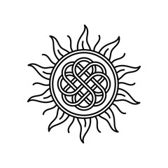 Black and white vector illustration of a Celtic knot sun symbol. Features interwoven lines in a circular pattern with stylized flame rays. Ideal for tattoos, spiritual icons, or decorative art.