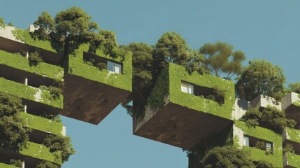 Naklejka premium Modern green architecture with buildings covered in plants trees and sustainable design elements outdoors