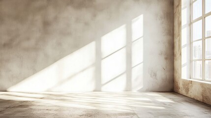 A concrete room with a large window and sunlight streaming in.