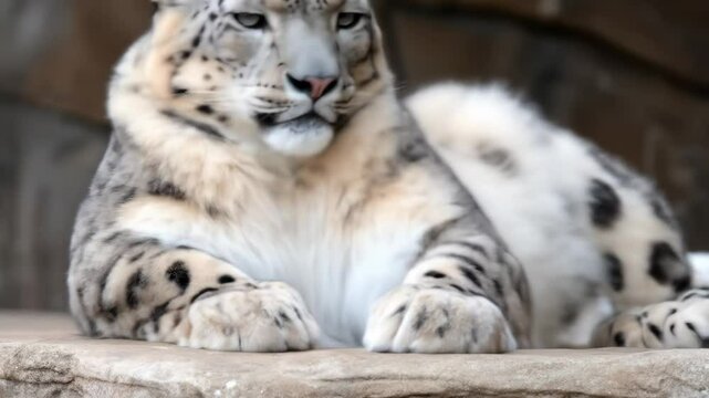 Majestic Snow Leopard Resting on Rock - A snow leopard lies peacefully on a light brown rock, its paws tucked beneath its chin.