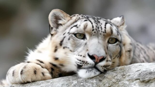 Majestic Snow Leopard Resting on Rock - A snow leopard rests its head on a grey rock, its piercing gaze directed to the side.