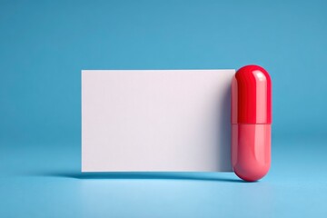 Red capsule stands beside white card against a blue backdrop