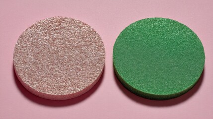 Two round textured discs side by side on a pastel pink background with one disc glittery and the other matte green