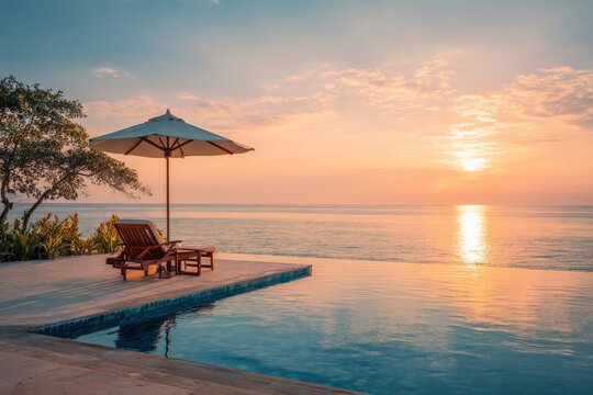Poolside scene with chair umbrella sunset view over ocean