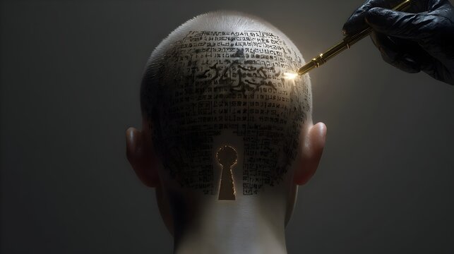 Shaved head with code tattoo and glowing keyhole; lockpick in use, light streaming out. Concept: Blends cybersecurity, mind hacking and digital identity; explores access, intrusion, intellectual contr