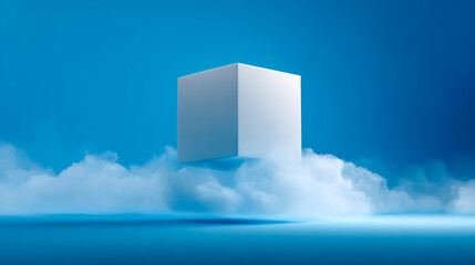 3D rendering of a white cube floating on a blue background with soft light and mist for a product presentation scene mockup design template