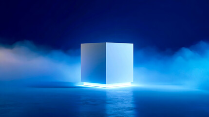 3D rendering of a white cube floating on a blue background with soft light and mist for a product presentation scene mockup design template