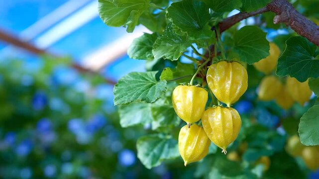 Tiny ground cherries beneath wide umbrella leaves, glowing in soft filtered light from the glass roof above