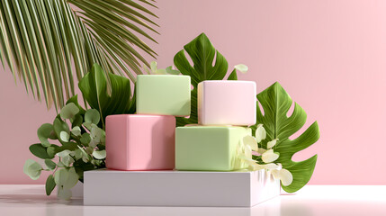 3D rendering of pastel green and pink plastic boxes on a podium with tropical leaves against a white background