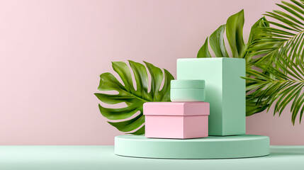 3D rendering of pastel green and pink plastic boxes on a podium with tropical leaves against a white background
