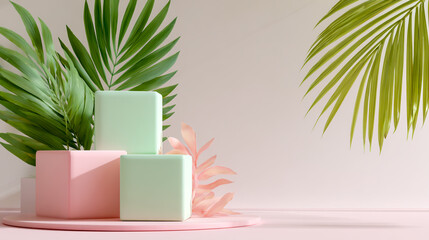 3D rendering of pastel green and pink plastic boxes on a podium with tropical leaves against a white background