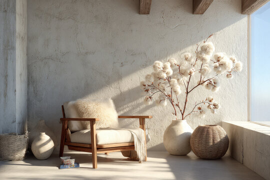 Cozy minimalist living space with wooden chair, soft cushions, and decorative vases, bathed in natural light