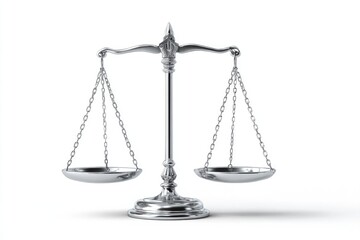 Shiny silver balance scale with hanging pans and a decorative central column set against a white background