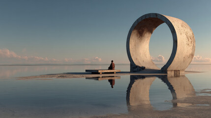 Serene scene of person sitting by large circular sculpture on calm water surface, under clear sky