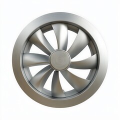 Obraz premium Close up of a metallic fan turbine with curved blades and a brushed metal finish isolated on white background