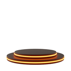 black circular platform with orange neon light product display stand isolated on white background