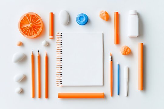 Vibrant orange and blue stationery arranged around a blank notebook on a white background