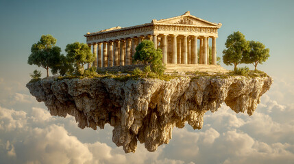 3D rendering of the ancient Greek Parthenon temple on a floating rock with trees