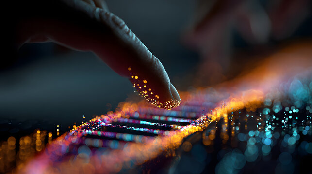 Close-up of a hand interacting with a glowing digital DNA strand on a touchscreen, symbolizing genetics and biotechnology.