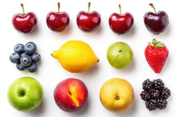 Twelve fruits arranged in three rows on a white background some with water droplets