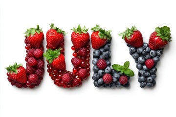 The word JULY is spelled out with various red berries and blueberries on a white background