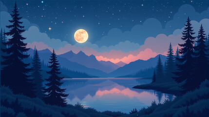 Full moon over lake with starry sky and mountain silhouettes