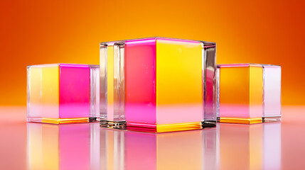 3D rendering of three cubes of different sizes made from transparent glass, with a gradient color between pink and yellow on the surface