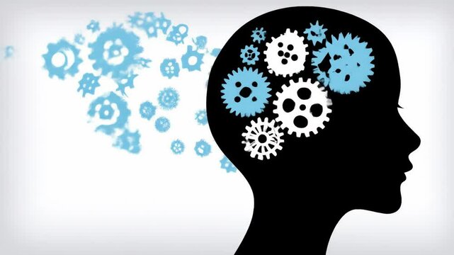 Woman's Silhouette with Interlocking Gears Representing Brainpower - A stylized silhouette of a woman's head is shown in profile view, with interlocking gears of light blue and white inside her head,