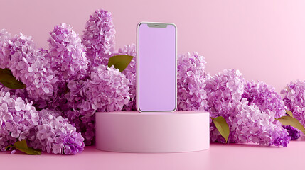 3D smartphone mockup, lilac-colored podium with purple flowers on a pink background