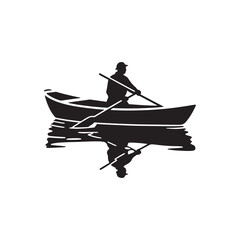 Boatman Rowing on River with Reflection – Tranquil Water Silhouette Vector in Black and White