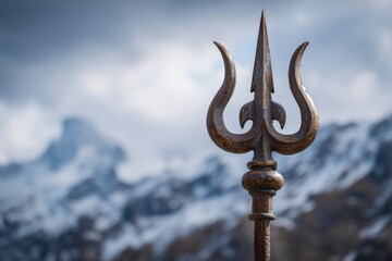 an ancient Indian trident, the traditional symbol of Shiva's power and wisdom, standing tall on top of a mountain peak