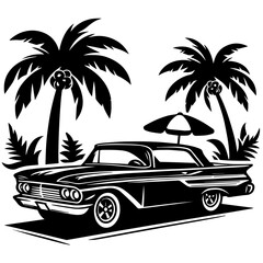 Black and white silhouette vector of a Old Vintage car on white background