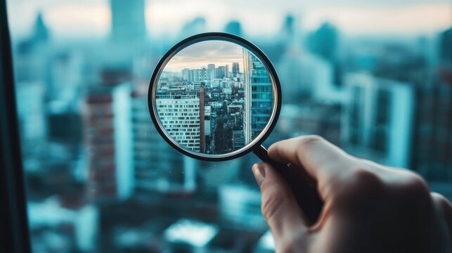 A hand holding a magnifying glass over a cityscape, focusing on a high-rise building.