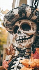 Naklejka premium Day of the Dead Skeleton with Sombrero and Autumn Leaves