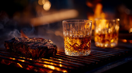 A close-up of a grill with flames and two glasses on it, a meat steak, and a glass of whiskey against a white background