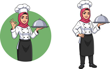 Muslim female chef cartoon, hijab-wearing woman holding food tray, professional kitchen uniform character illustration, cooking concept, vector design for restaurant branding