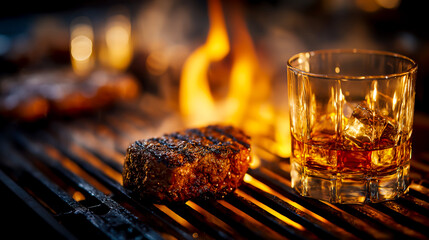 A close-up of a grill with flames and two glasses on it, a meat steak, and a glass of whiskey against a white background