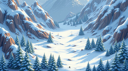 Snowy Mountain Valley with Pine Trees and Rocky Cliffs