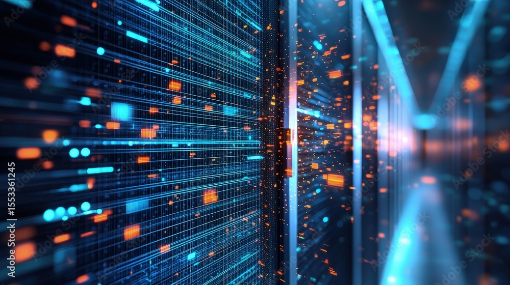Aufkleber fast data transfer and glowing digital server racks with blue and orange light trails, ideal for clo