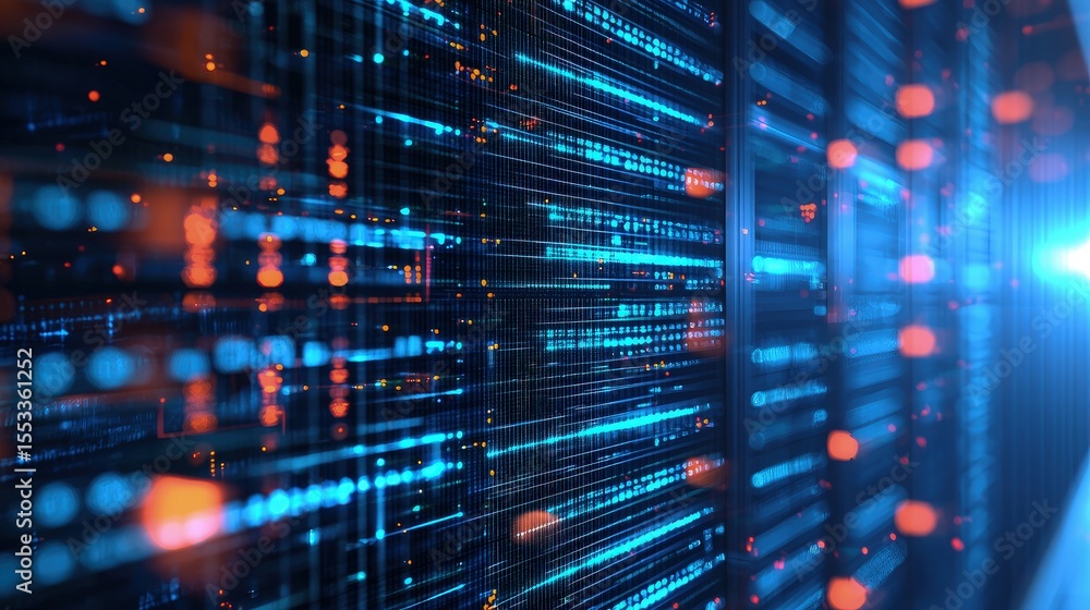 Poster High-speed digital data flow with blue and orange light trails moving across futuristic server racks, perfect for tech, AI, cloud computing, or data transmission visuals