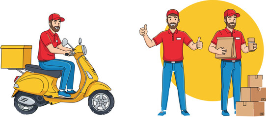 Cartoon delivery man on scooter, courier holding packages, express shipping service concept, uniformed worker character vector illustration for logistics, parcel distribution, ecommerce business